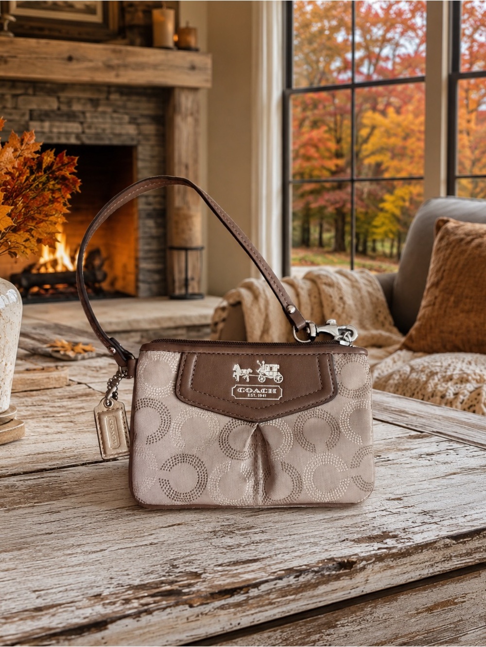 Coach Madison OP Art 2010 Beige & Brown Signature Wristlet